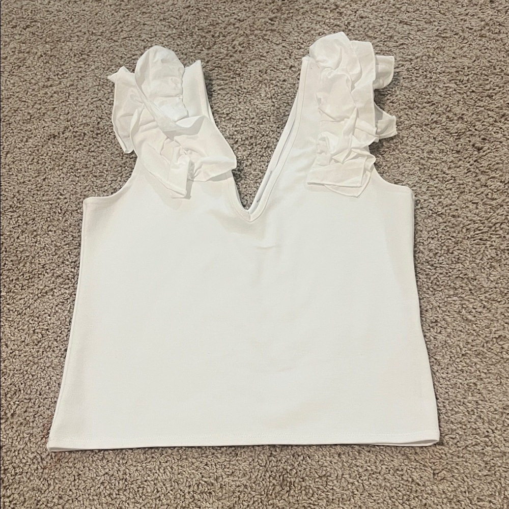 Zara Elegant White Ruffle V-Neck Top